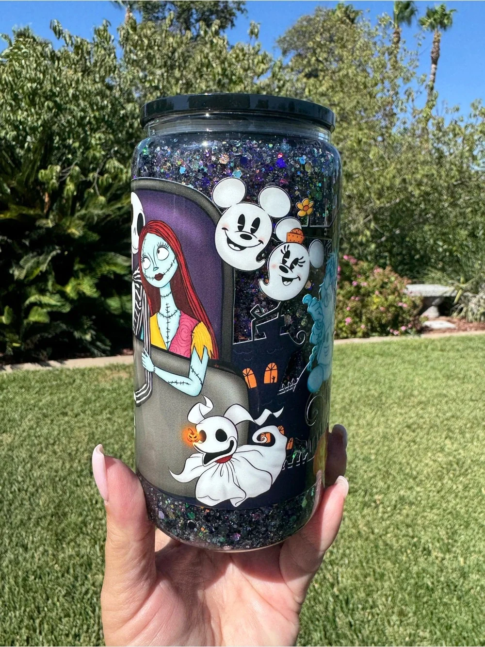 Haunted mansion holiday nightmares before Christmas snow globe glass Tumbler